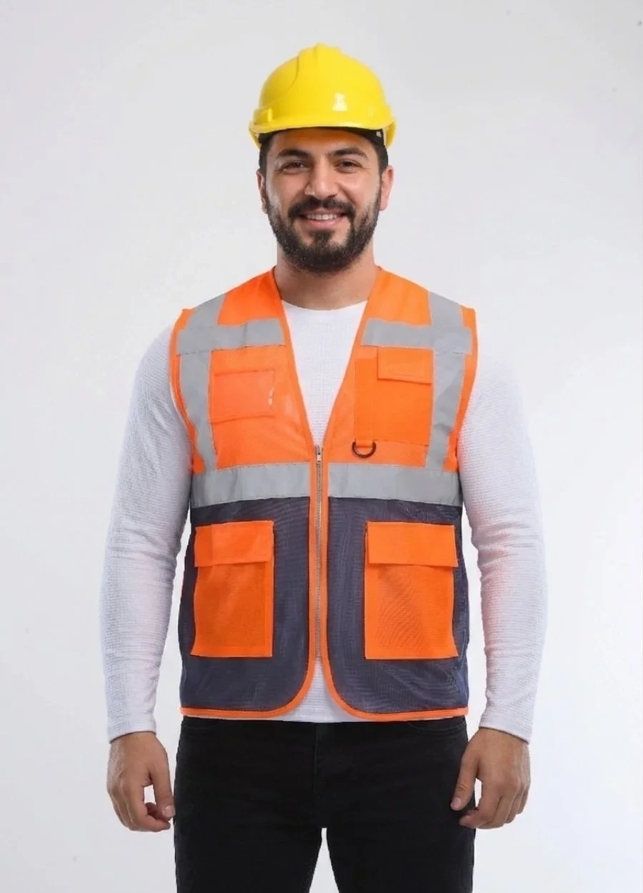 Reflektörlü Mühendis Yeleği - Turuncu - Lacivert