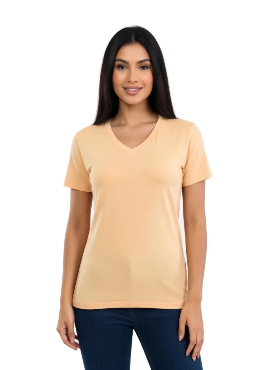 V Yaka Tişört - Bej