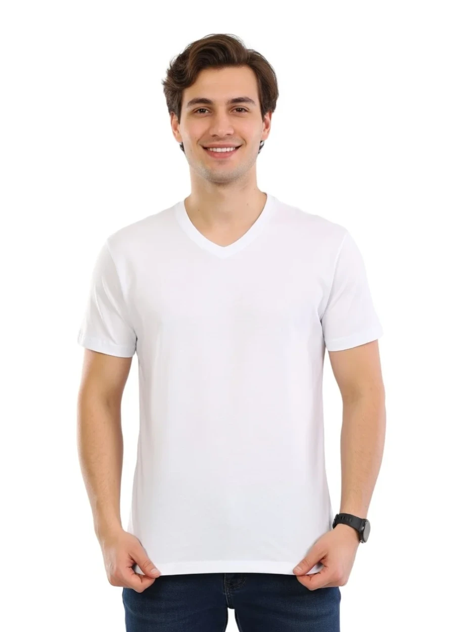 V Yaka Tişört - Beyaz
