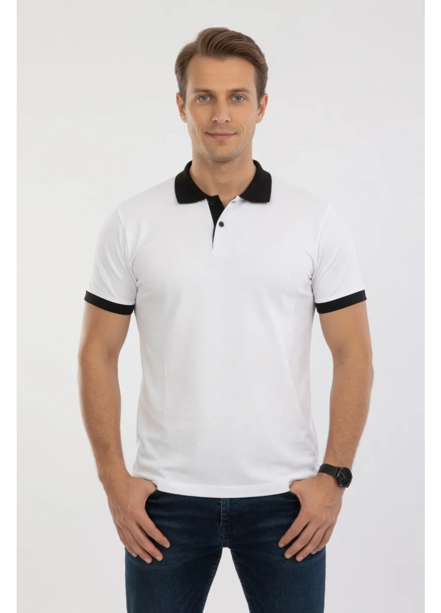 Kelebek Model Polo Yaka Tişört - Beyaz - Siyah
