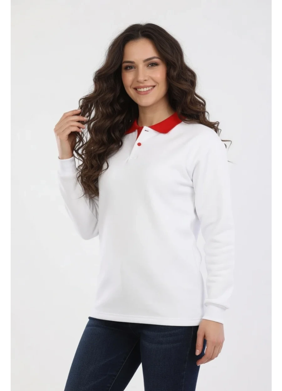 3 İplik Modelli Polo Yaka Sweat - Beyaz - Kırmızı