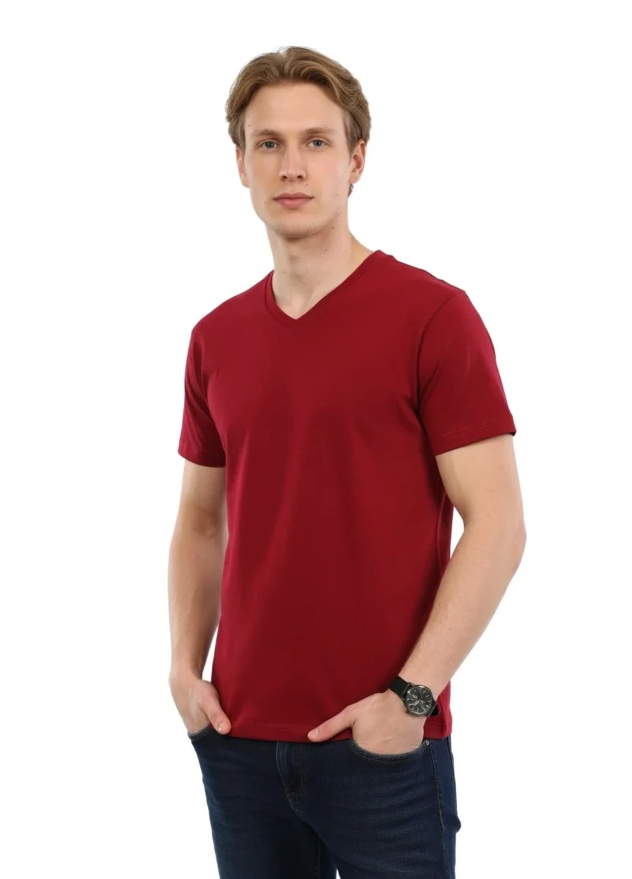 V Yaka Tişört - Bordo