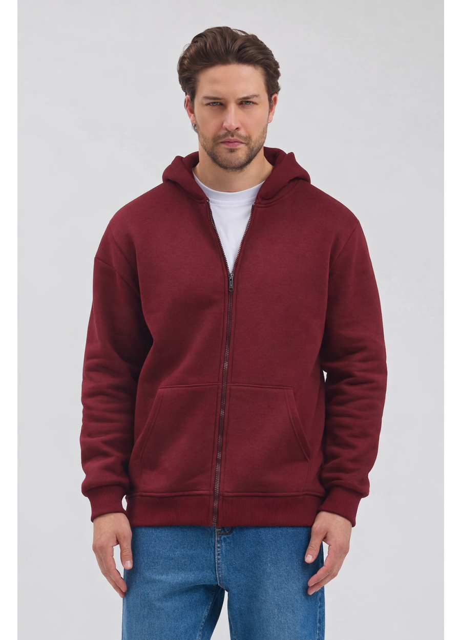 Tam Fermuarlı Sweatshirt - Bordo