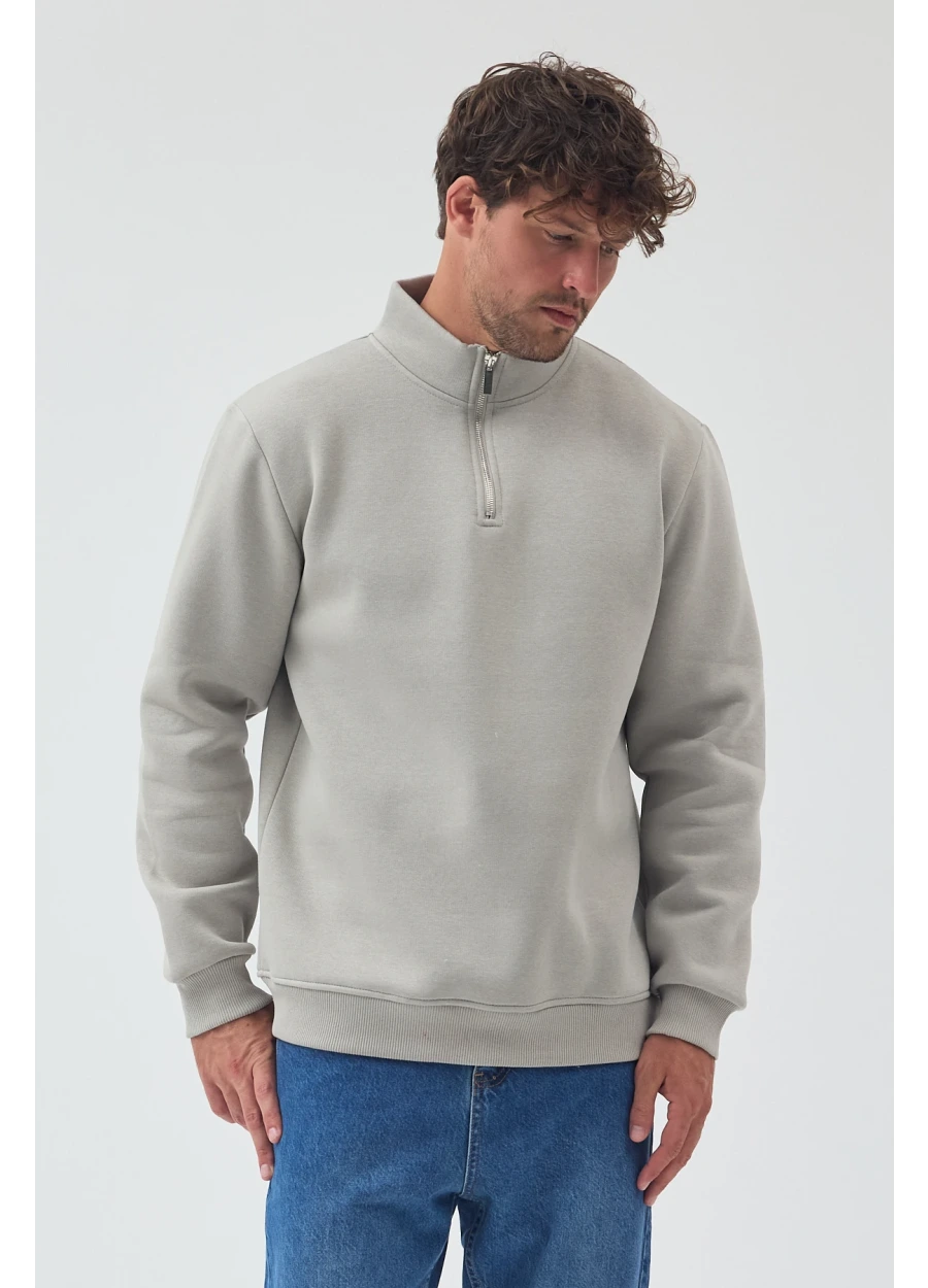 Yarım Fermuarlı Sweatshirt - Boyalı Gri