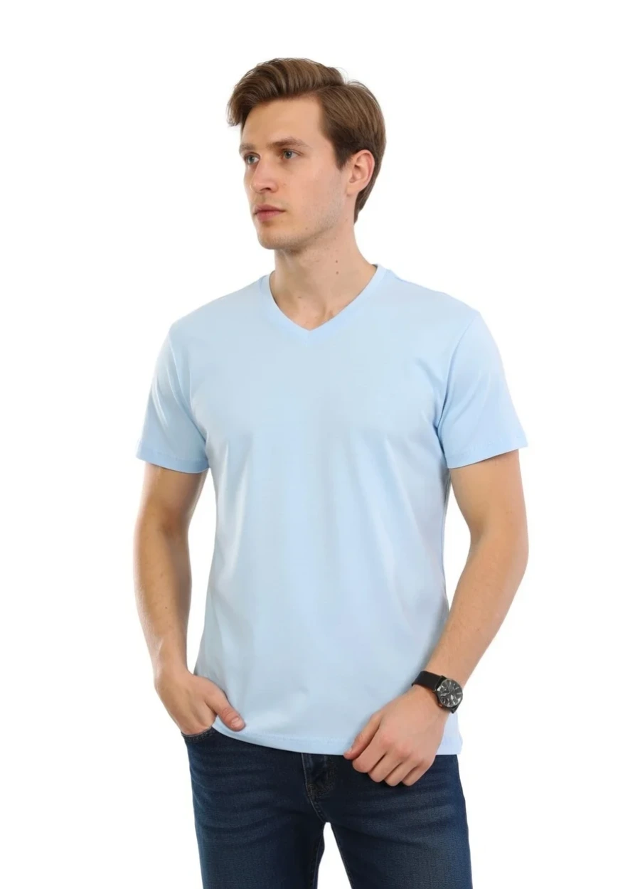 V Yaka Tişört - Buz Mavi
