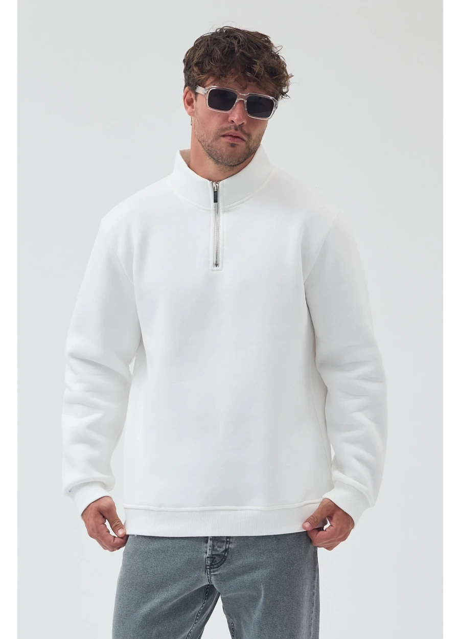 Yarım Fermuarlı Sweatshirt - Ekru