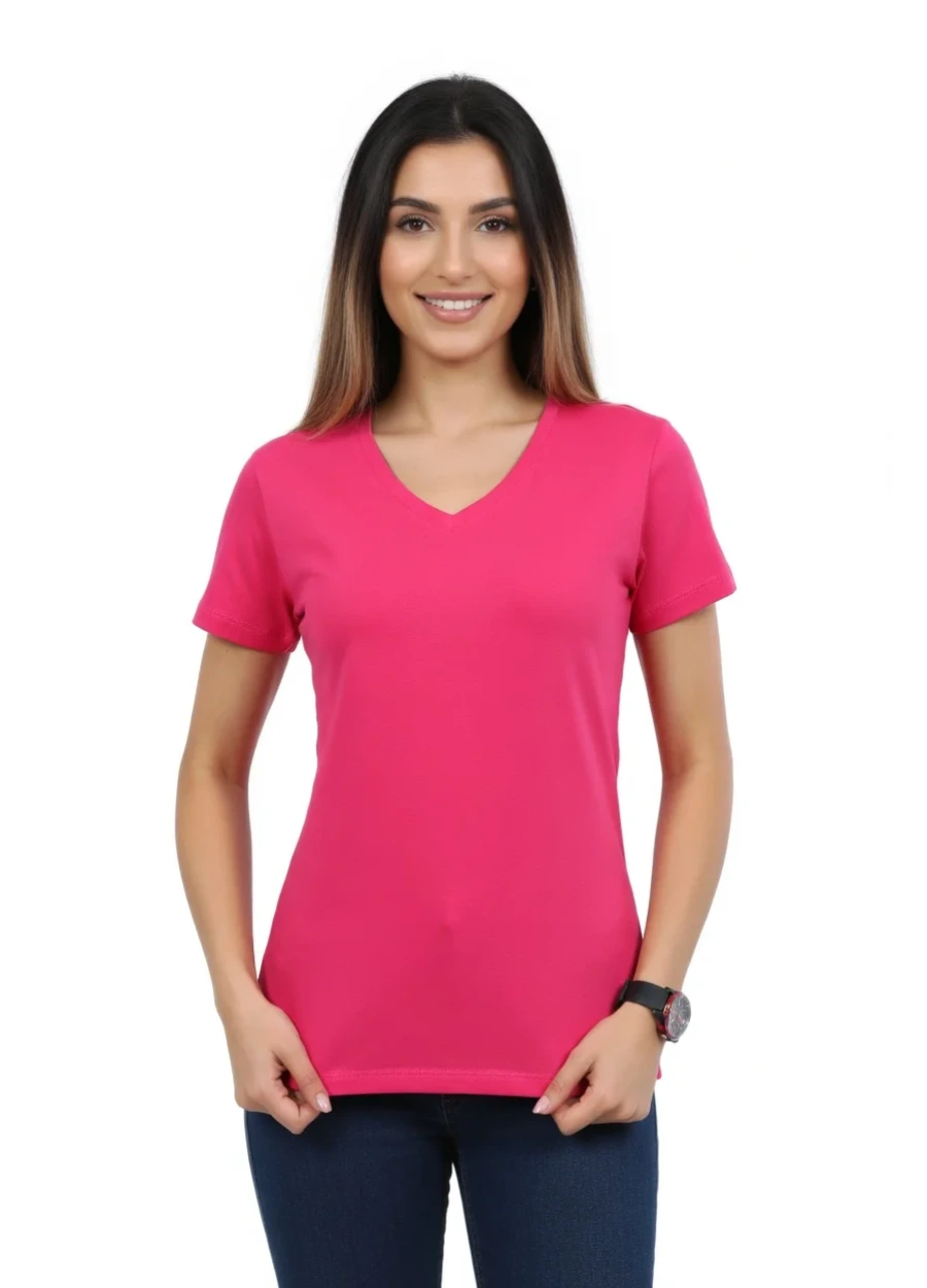 V Yaka Tişört - Fuşya
