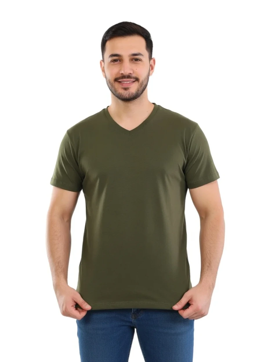 V Yaka Tişört - Haki Yeşil