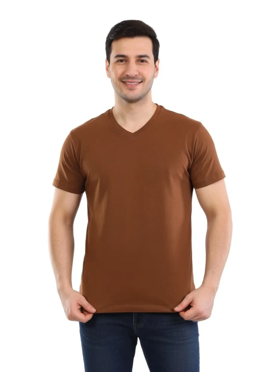 V Yaka Tişört - Kahverengi