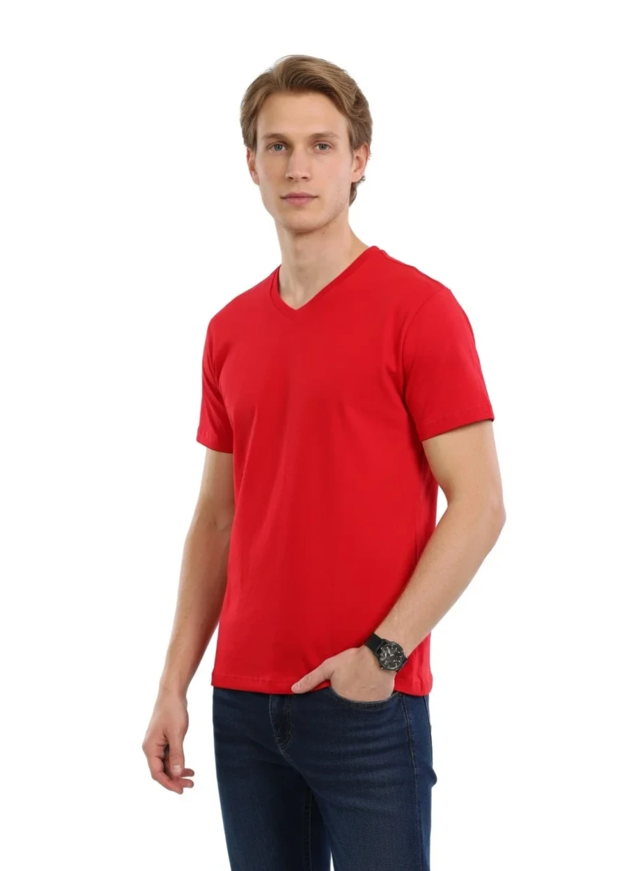 V Yaka Tişört - Kırmızı