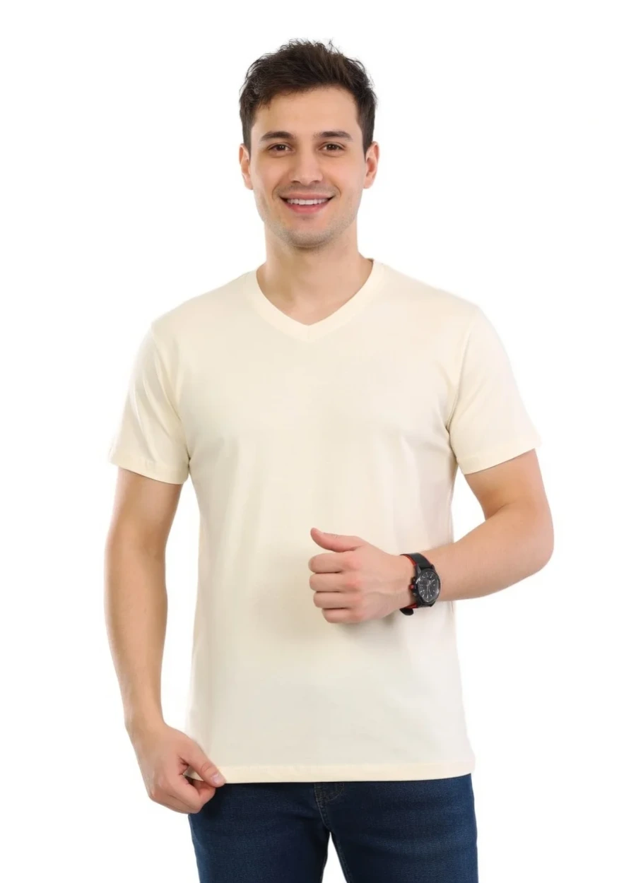 V Yaka Tişört - Krem