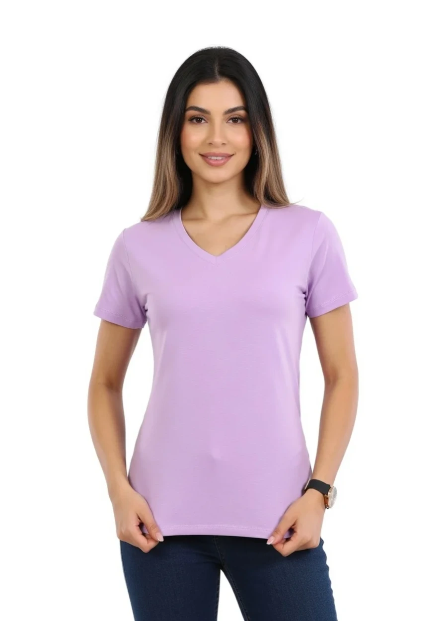 V Yaka Tişört - Lila