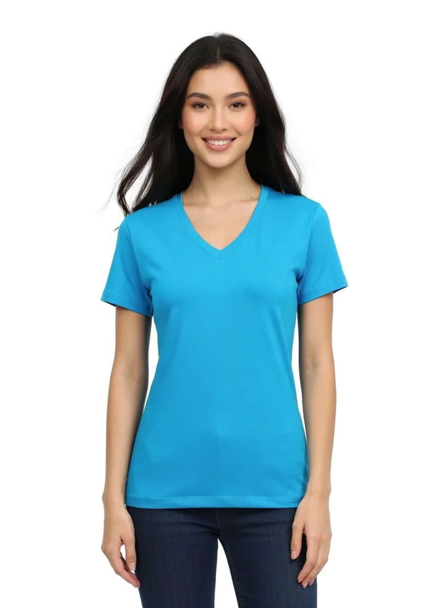 V Yaka Tişört - Mavi