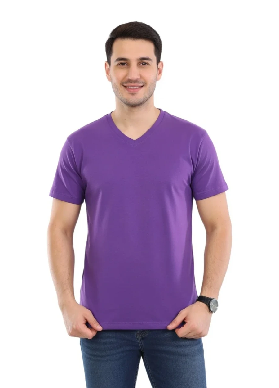 V Yaka Tişört - Mor