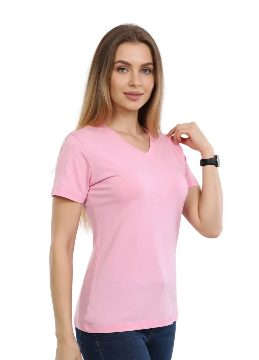 V Yaka Tişört - Pembe