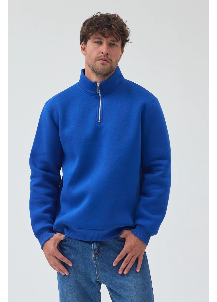 Yarım Fermuarlı Sweatshirt - Saks Mavi
