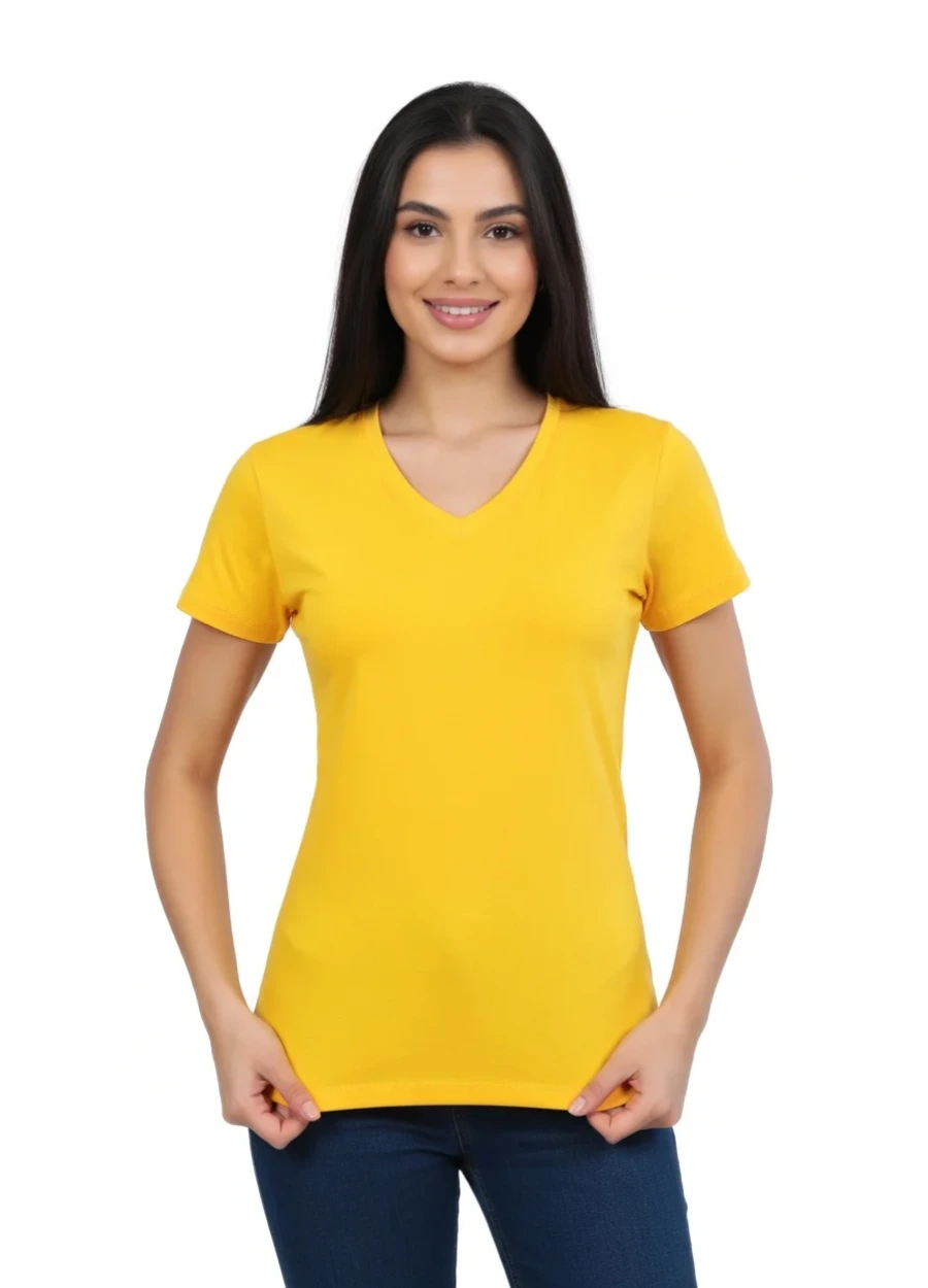 V Yaka Tişört - Sarı