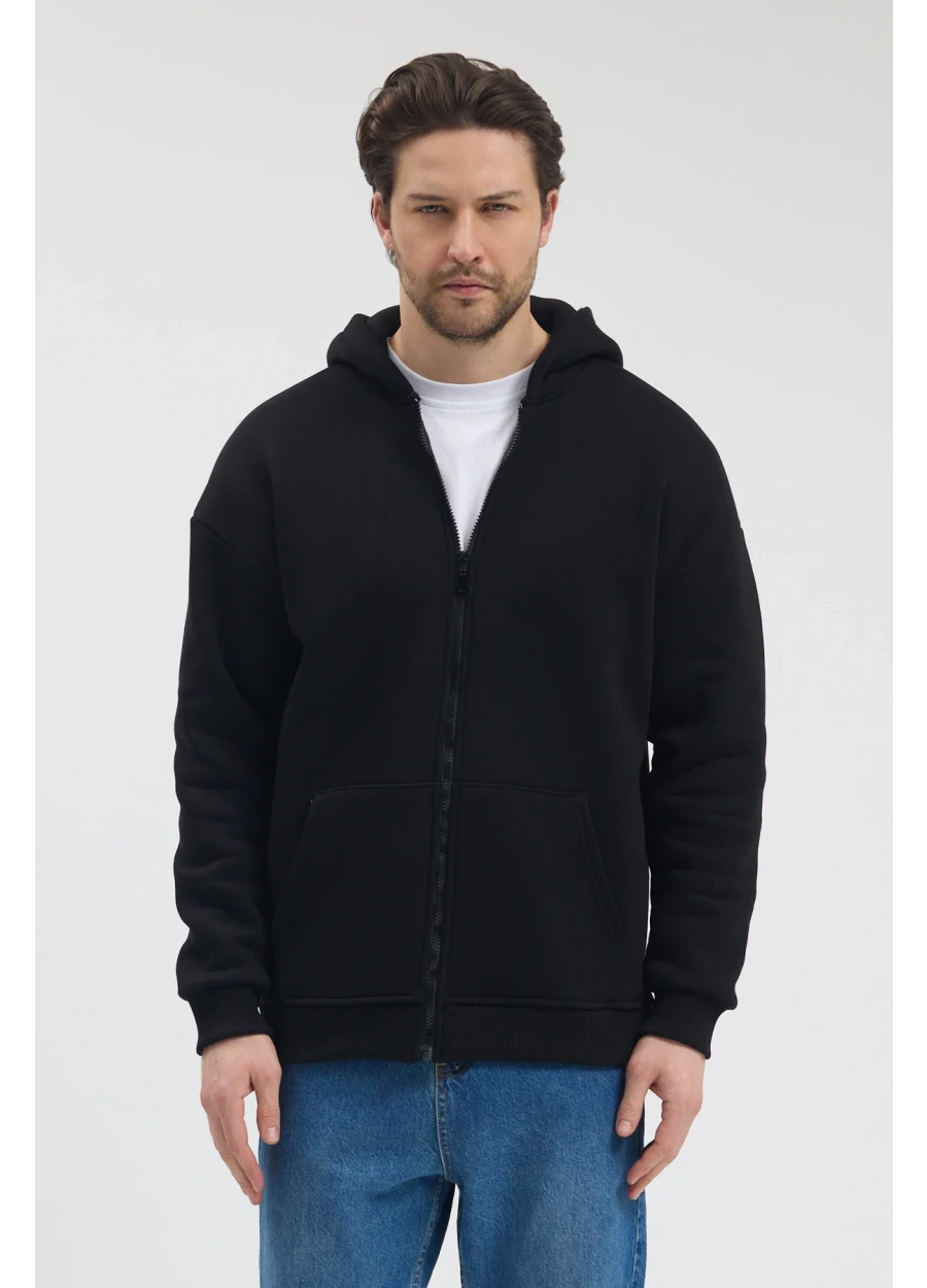 Tam Fermuarlı Sweatshirt - Siyah