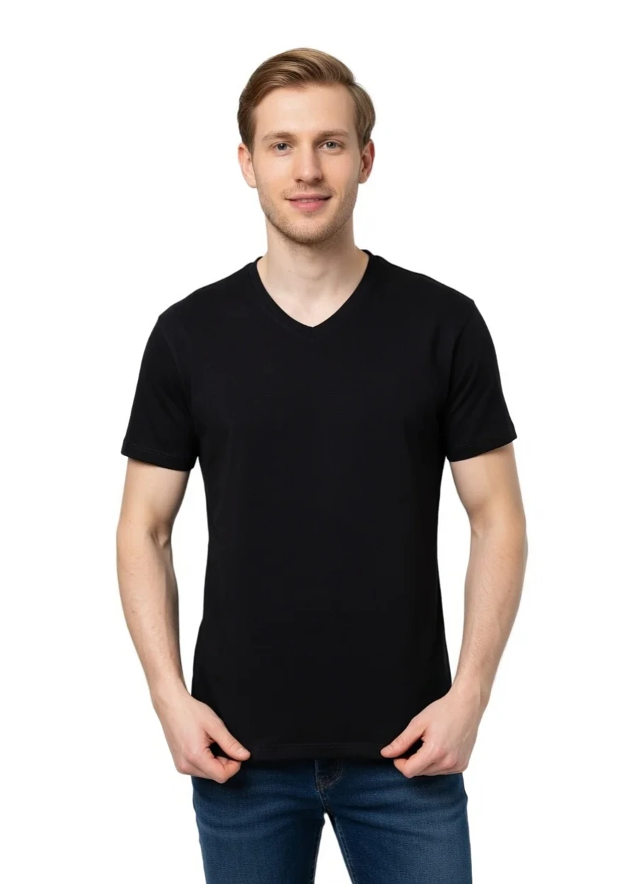 V Yaka Tişört - Siyah