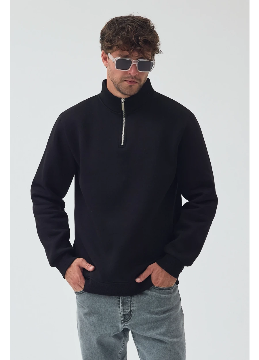 Yarım Fermuarlı Sweatshirt - Siyah