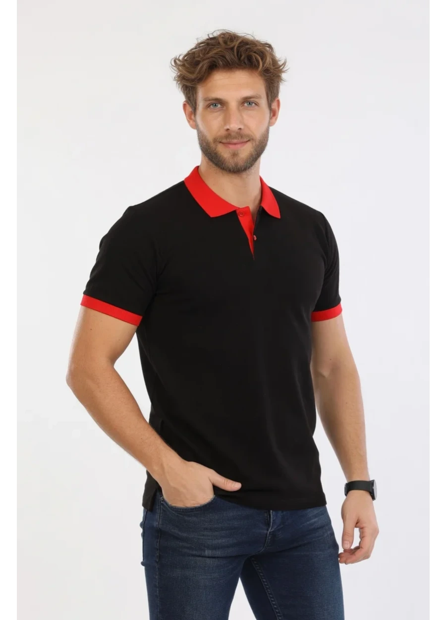 Kelebek Model Polo Yaka Tişört - Siyah - Kırmızı