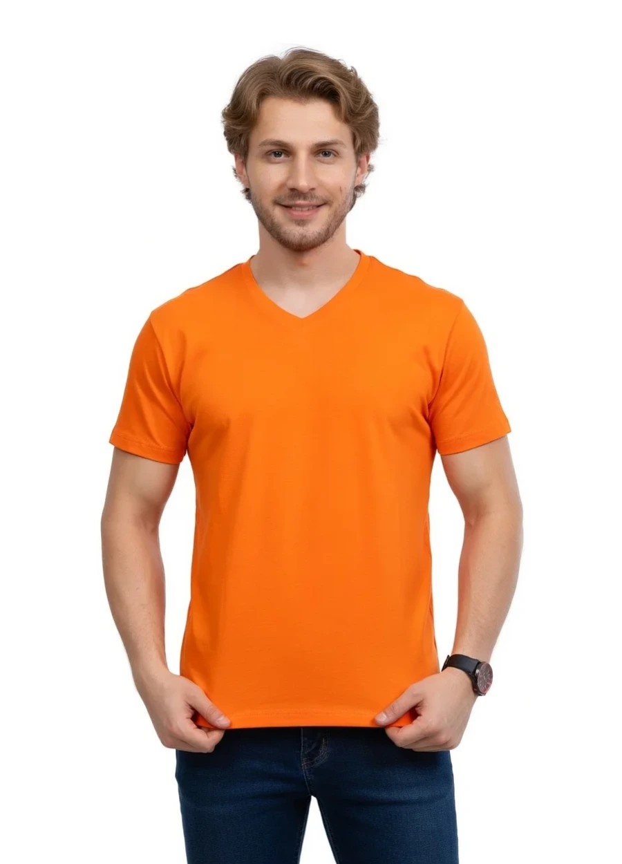 V Yaka Tişört - Turuncu