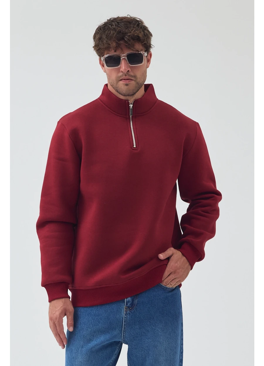 Yarım Fermuarlı Sweatshirt - Bordo