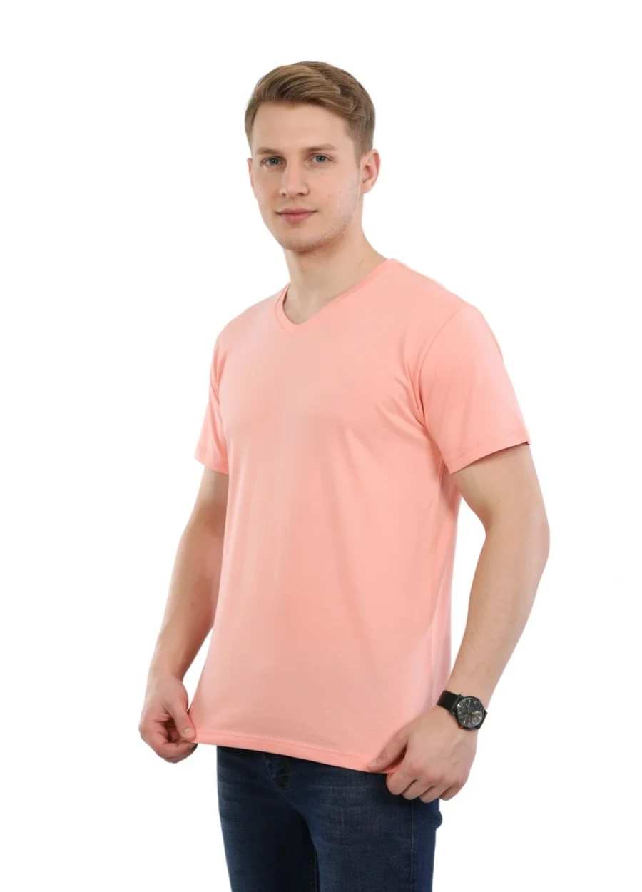 V Yaka Tişört - Yavruağzı