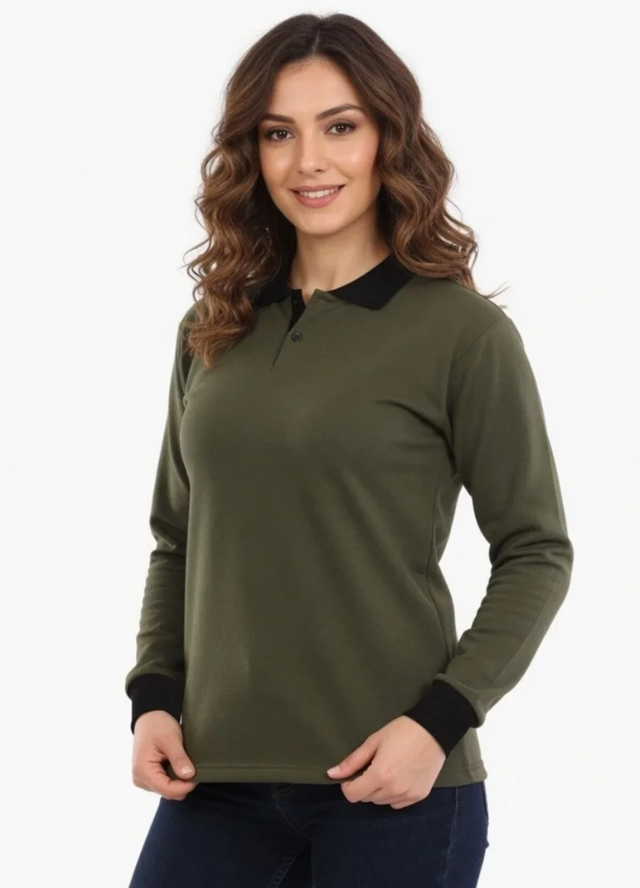 3 İplik Modelli Polo Yaka Sweat - Haki - Siyah