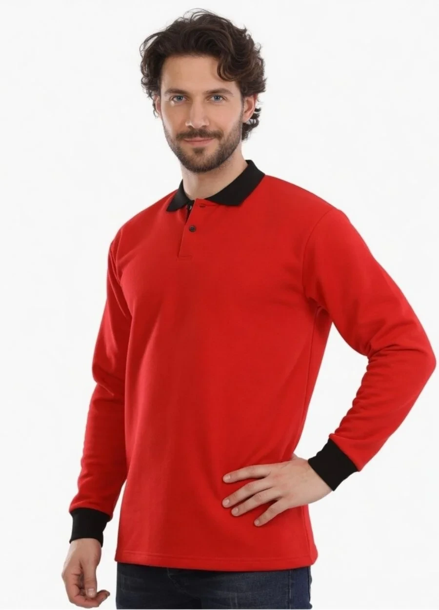 3 İplik Modelli Polo Yaka Sweat - Kırmızı - Siyah