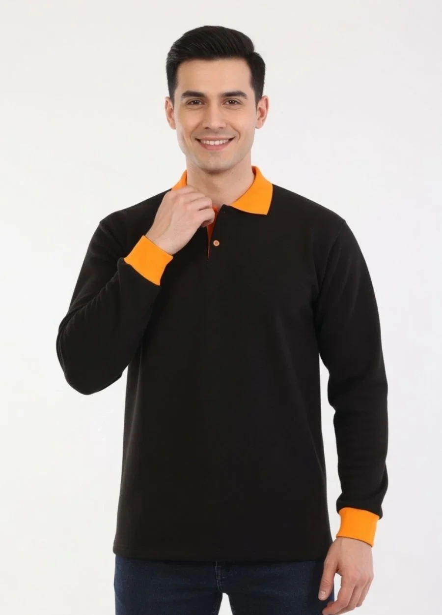 3 İplik Modelli Polo Yaka Sweat - Siyah - Turuncu