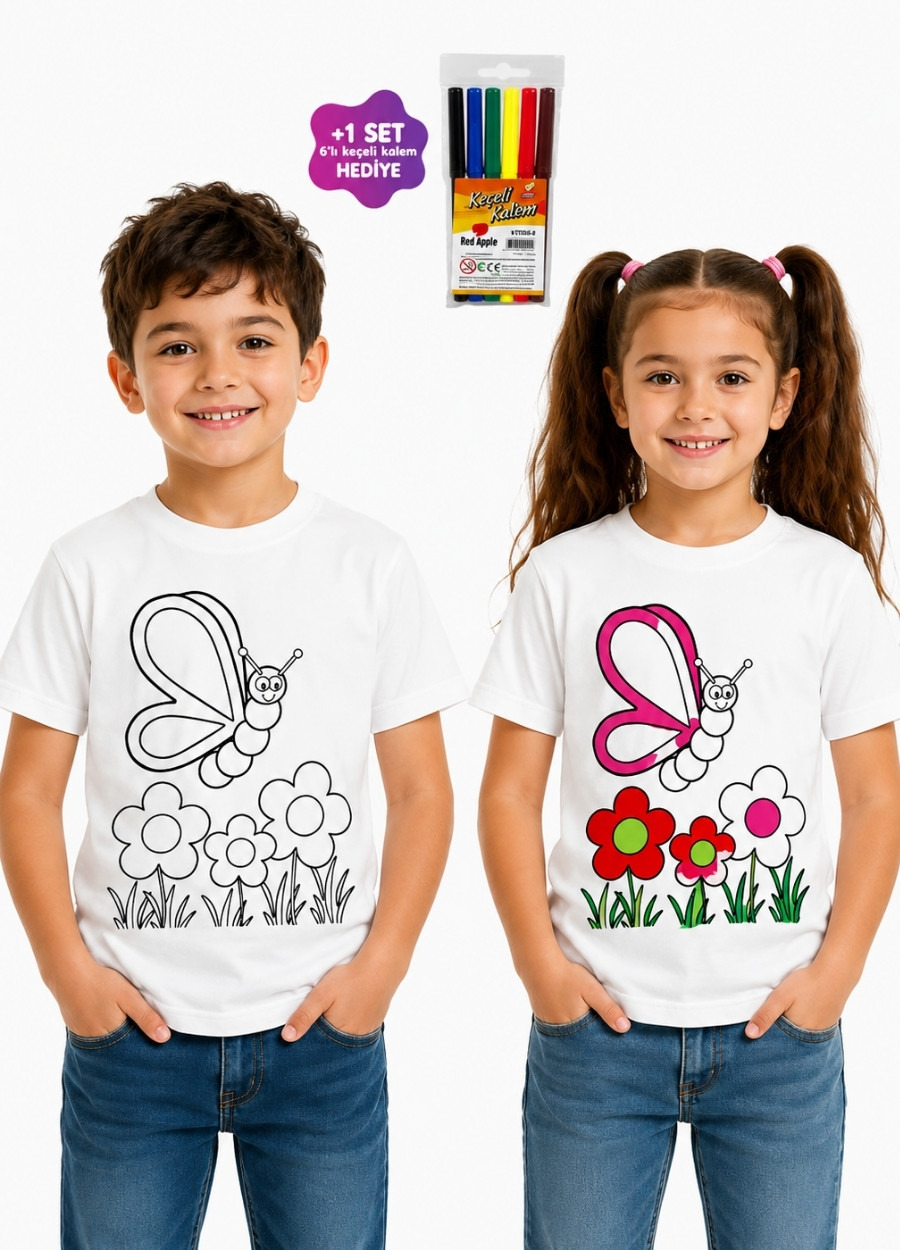 Tişört Boyama - Kelebek T-shirt (Kalemli)