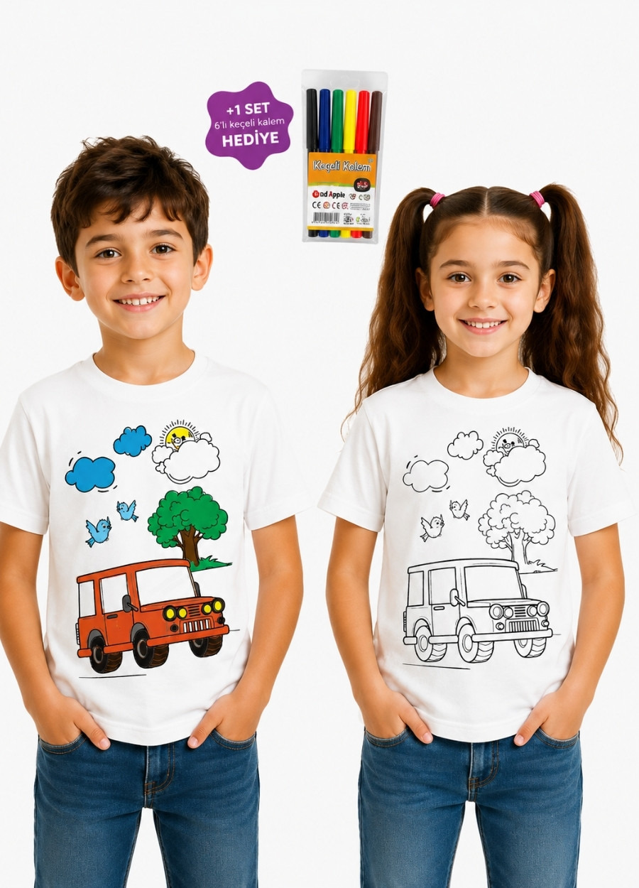 Tişört Boyama - Araba T-shirt (Kalemli)
