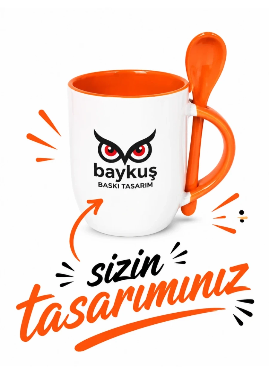 İçi ve Kulbu Turuncu Kaşıklı Porselen Kupa