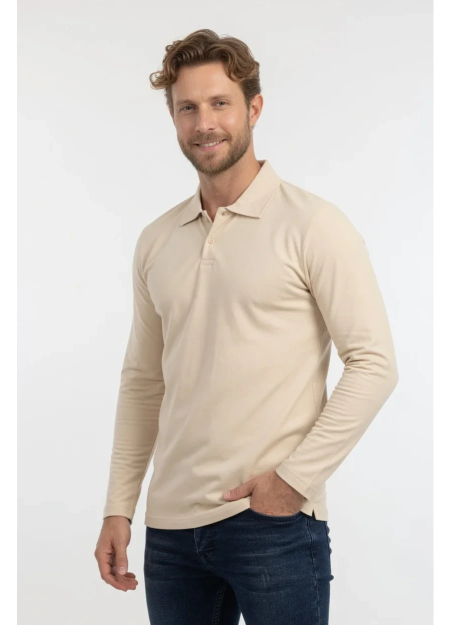 Uzun Kol Mevsimlik Penye Polo Yaka Tişört - Bej