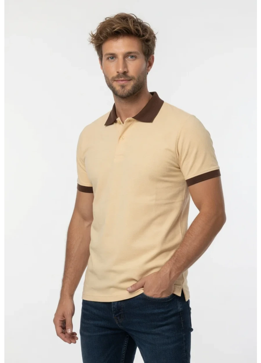 Kelebek Model Polo Yaka Tişört - Bej - Kahverengi