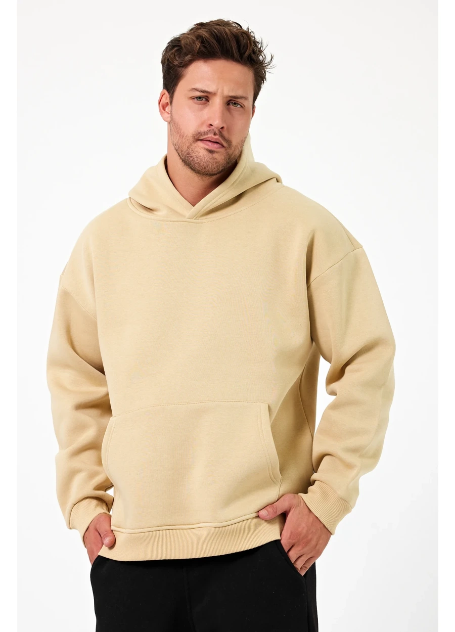 Baykuş Bej Oversize Kapüşonlu Sweatshirt Erkek Kanguru Cepli Hoodie