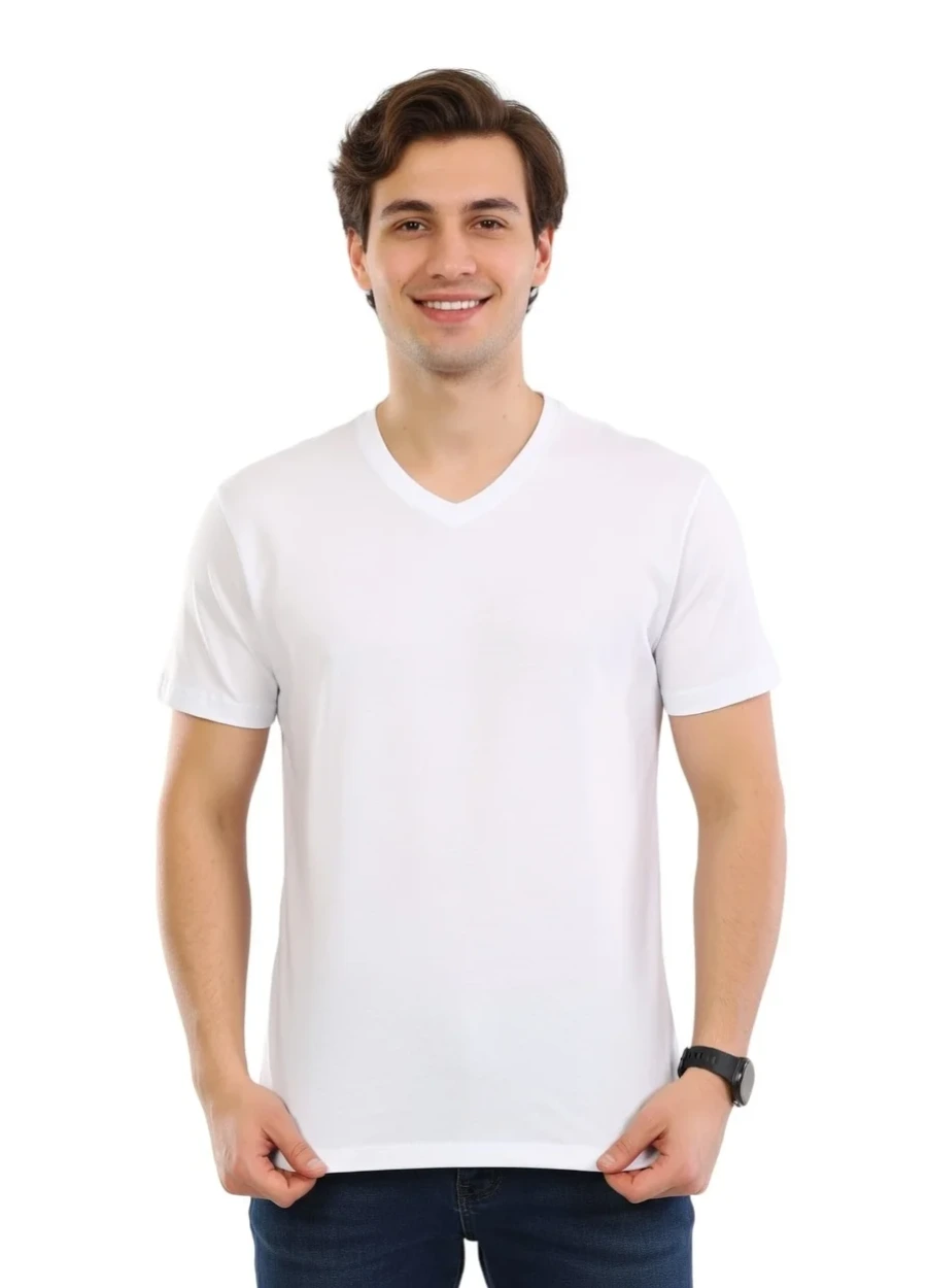 V Yaka Tişört - Beyaz