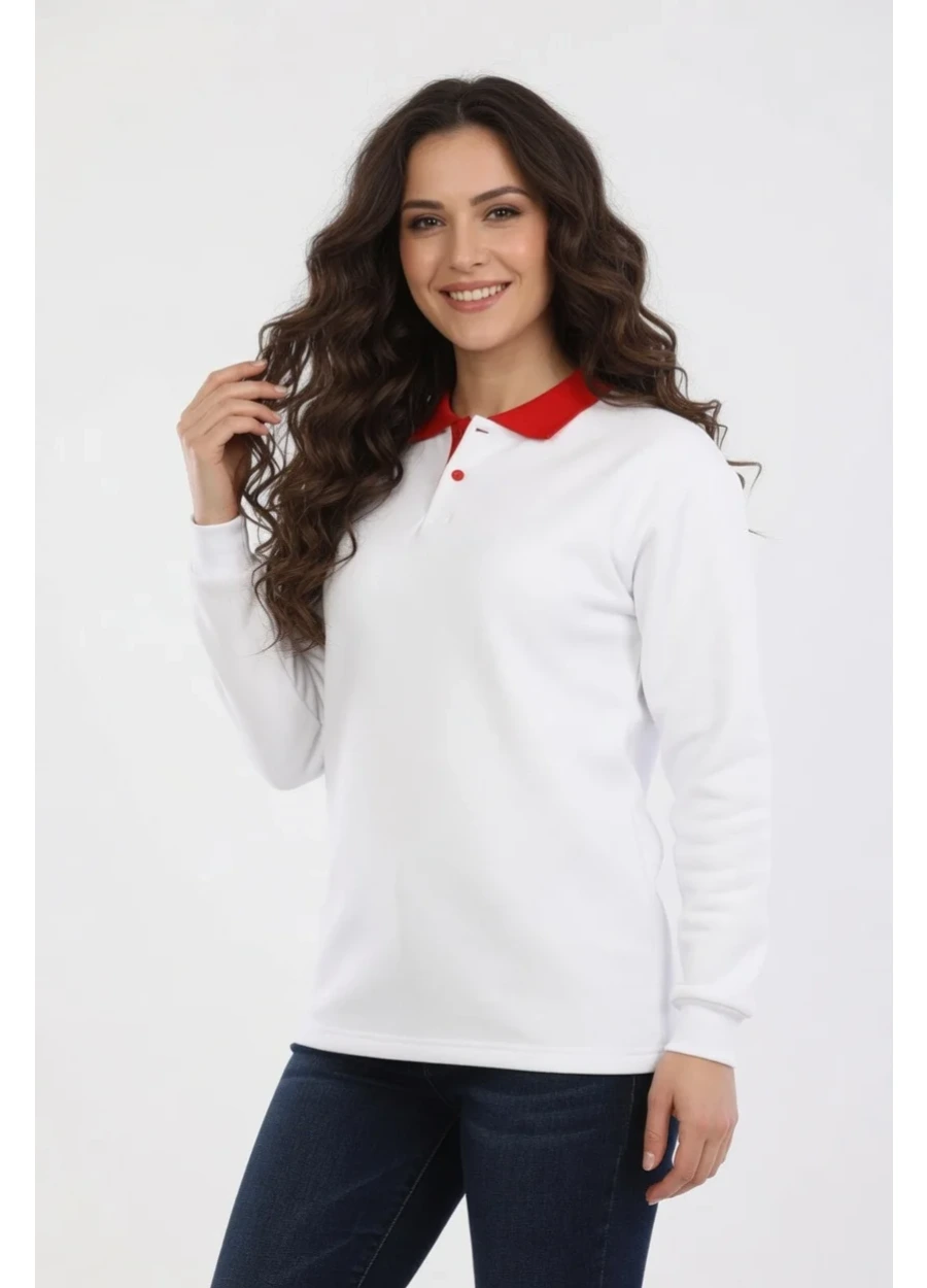 3 İplik Modelli Polo Yaka Sweat - Beyaz - Kırmızı