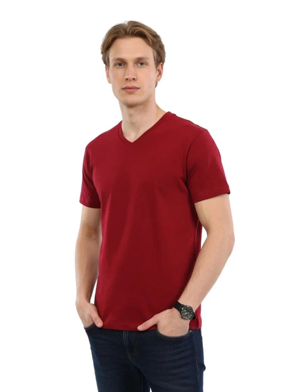 V Yaka Tişört - Bordo