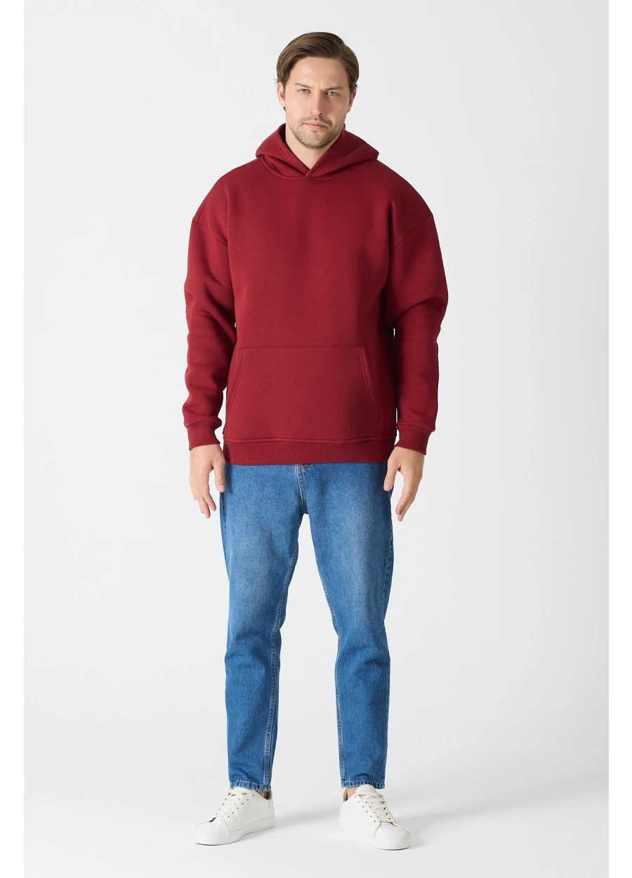 Baykuş Bordo Oversize Kapüşonlu Sweatshirt Erkek Kanguru Cepli Hoodie