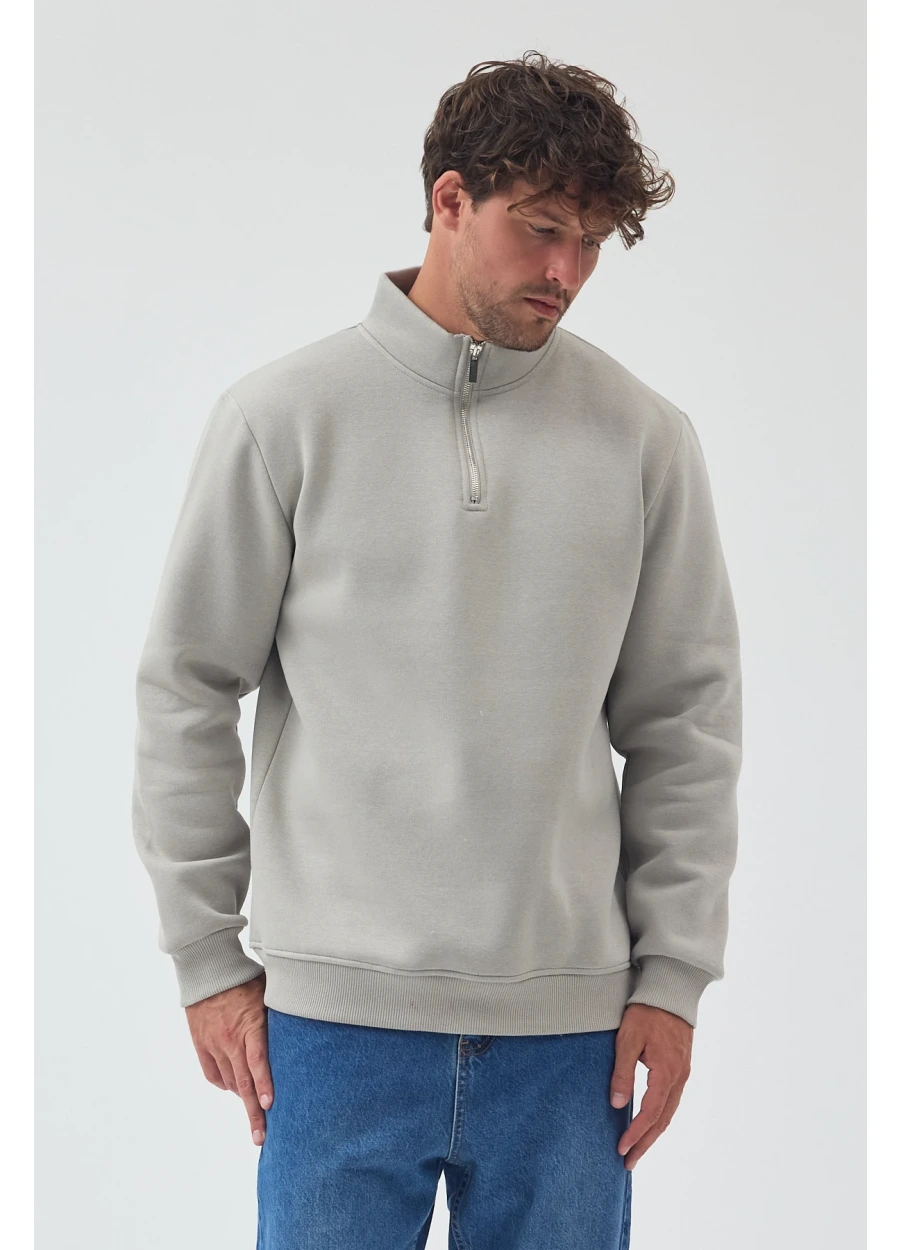 Yarım Fermuarlı Sweatshirt - Boyalı Gri
