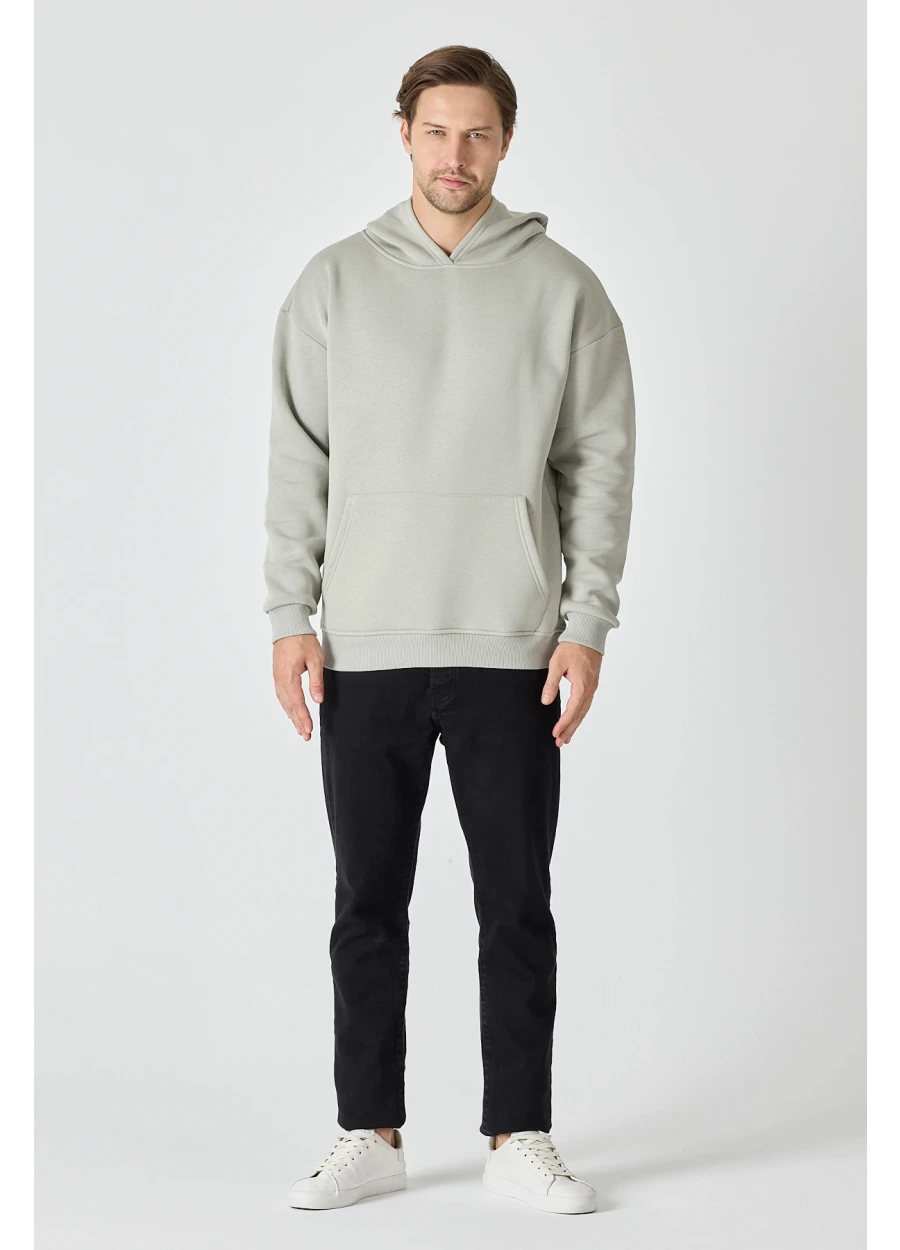 Baykuş Boyalı Gri Oversize Kapüşonlu Sweatshirt Erkek Kanguru Cepli Hoodie