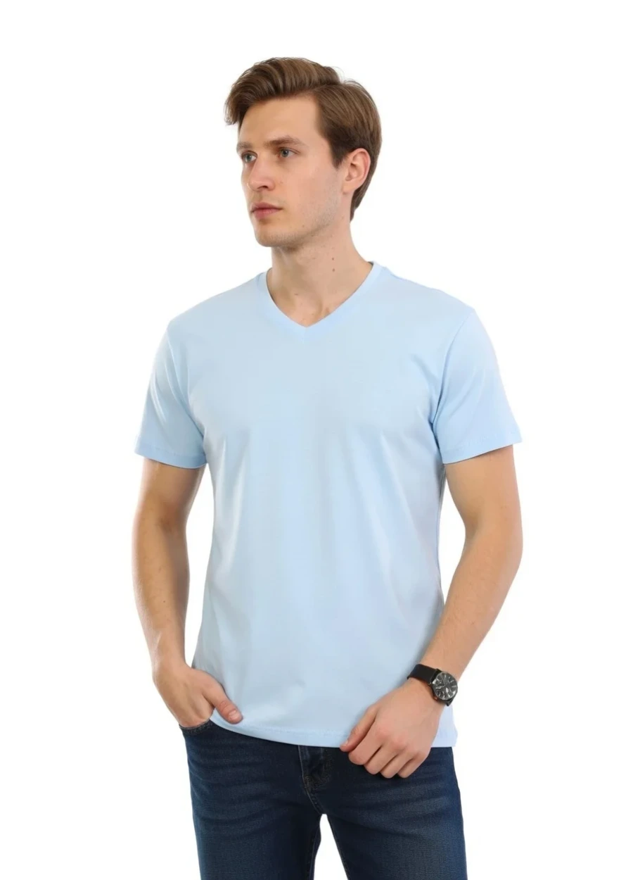 V Yaka Tişört - Buz Mavi