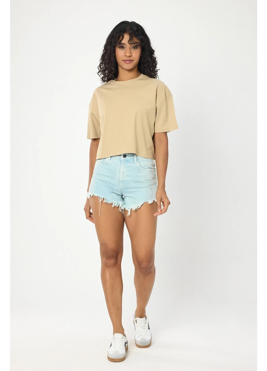 Baykuş Bej Basic Crop Tişört Kadın – Rahat Kesim Kısa Kollu Günlük T-Shirt
