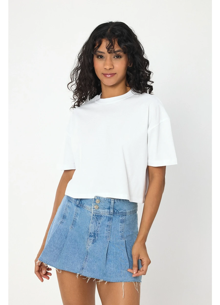 Baykuş Beyaz Crop Tişört Kadın – Basic Rahat Kesim Kısa Kollu Günlük T-Shirt