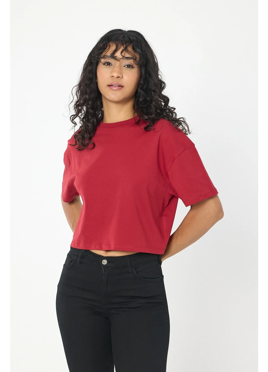 Baykuş Kırmızı Crop Tişört Kadın – Basic Rahat Kesim Kısa Kollu Şık T-Shirt