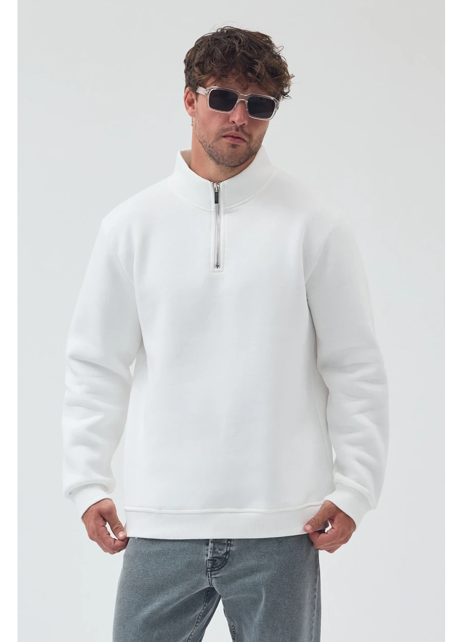 Yarım Fermuarlı Sweatshirt - Ekru