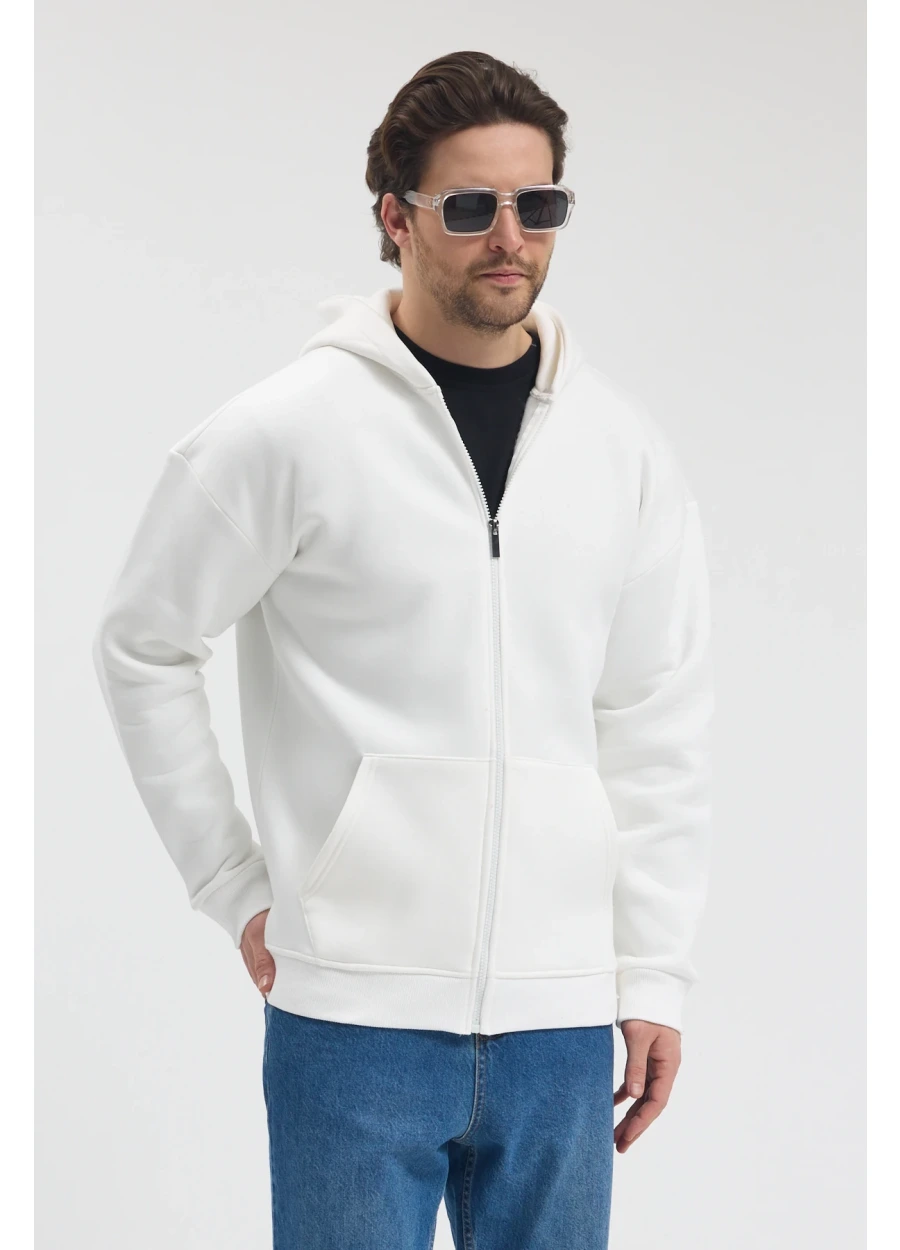 Tam Fermuarlı Sweatshirt - Ekru