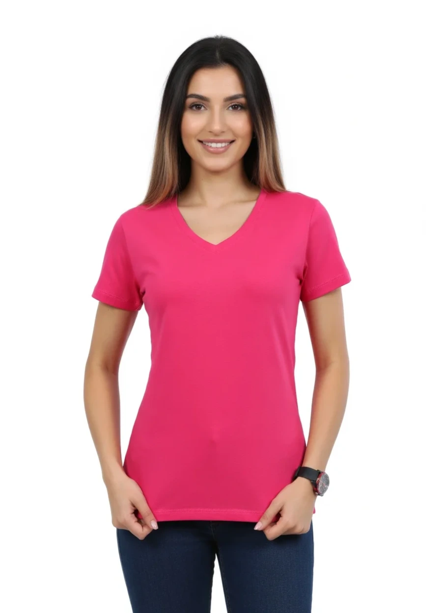 V Yaka Tişört - Fuşya